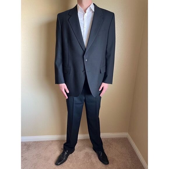 John Weitz Studios Pencil Stripe Wool 2 Piece Suit Black Size 42R Portly - Picture 1 of 13